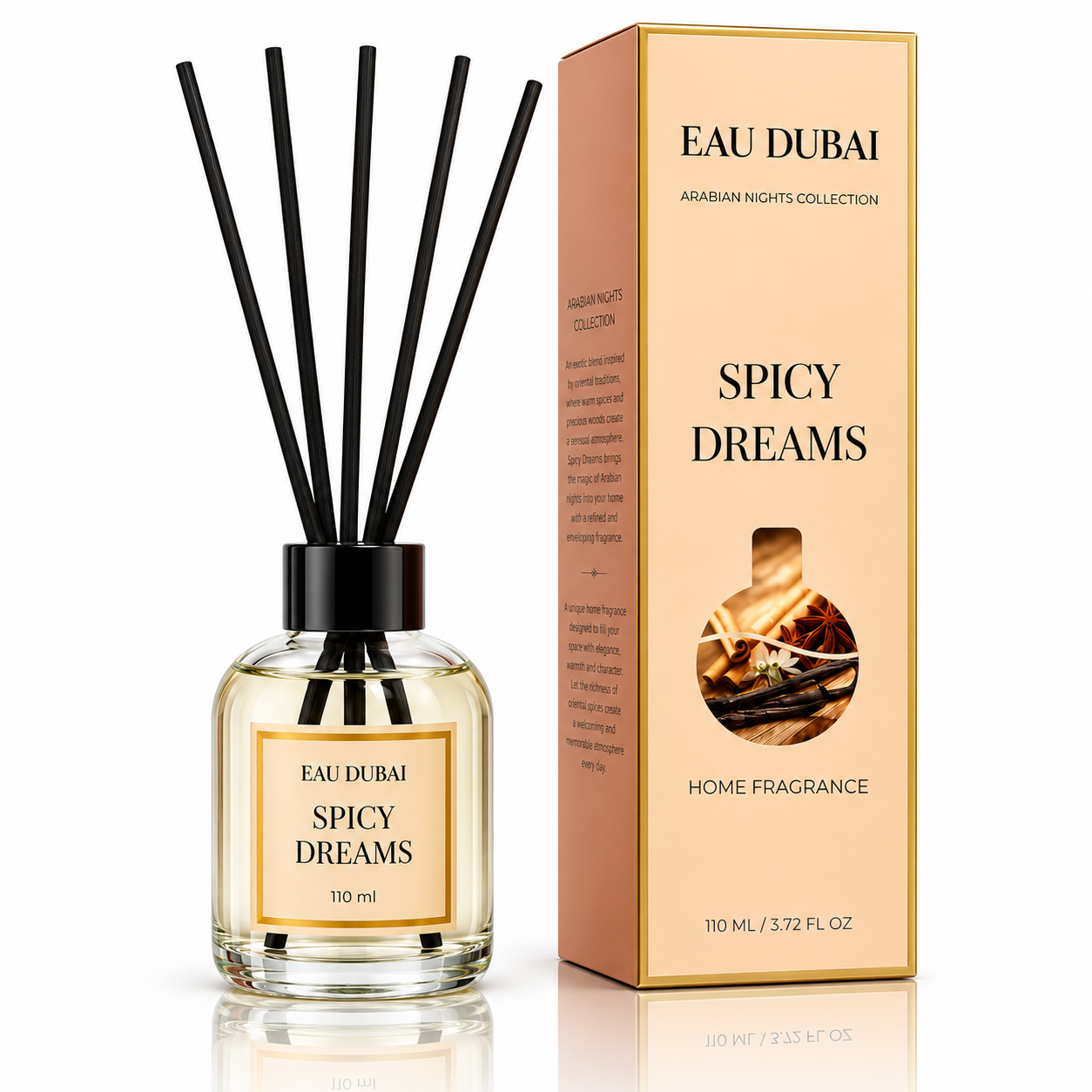 Odorizant de cameră cu bețișoare, Spicy Dreams, aromă de vanilie și scorțișoară, 110 ml, EAU DUBAI® - imagine 2