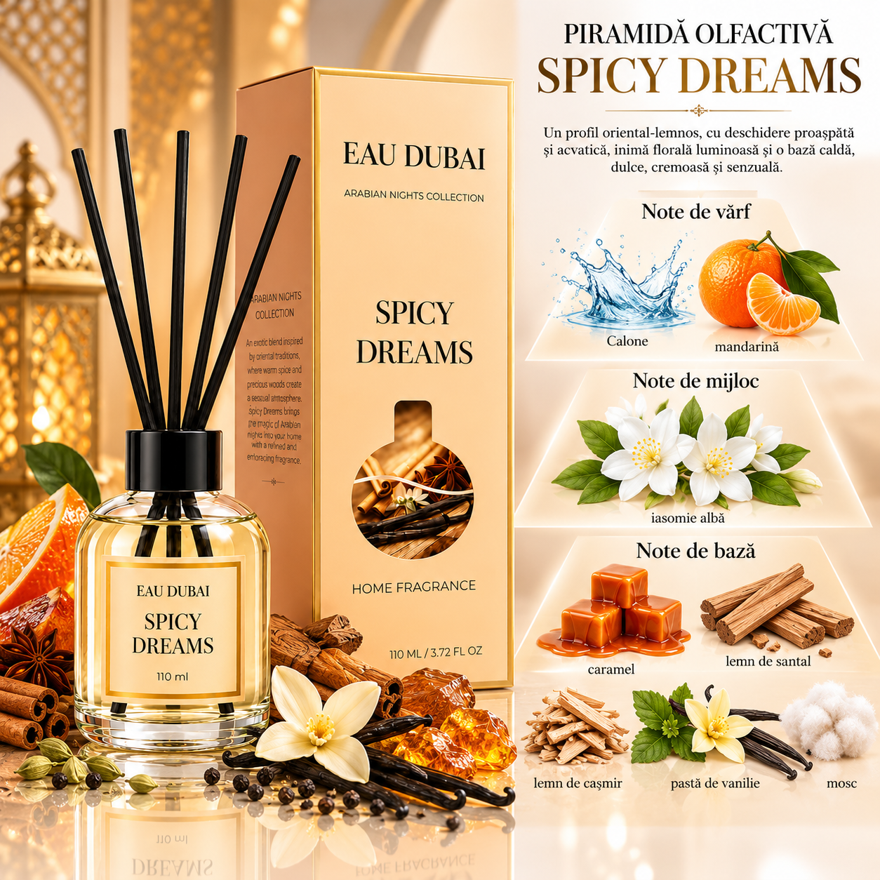 Odorizant de cameră cu bețișoare, Spicy Dreams, aromă de vanilie și scorțișoară, 110 ml, EAU DUBAI® - imagine 3