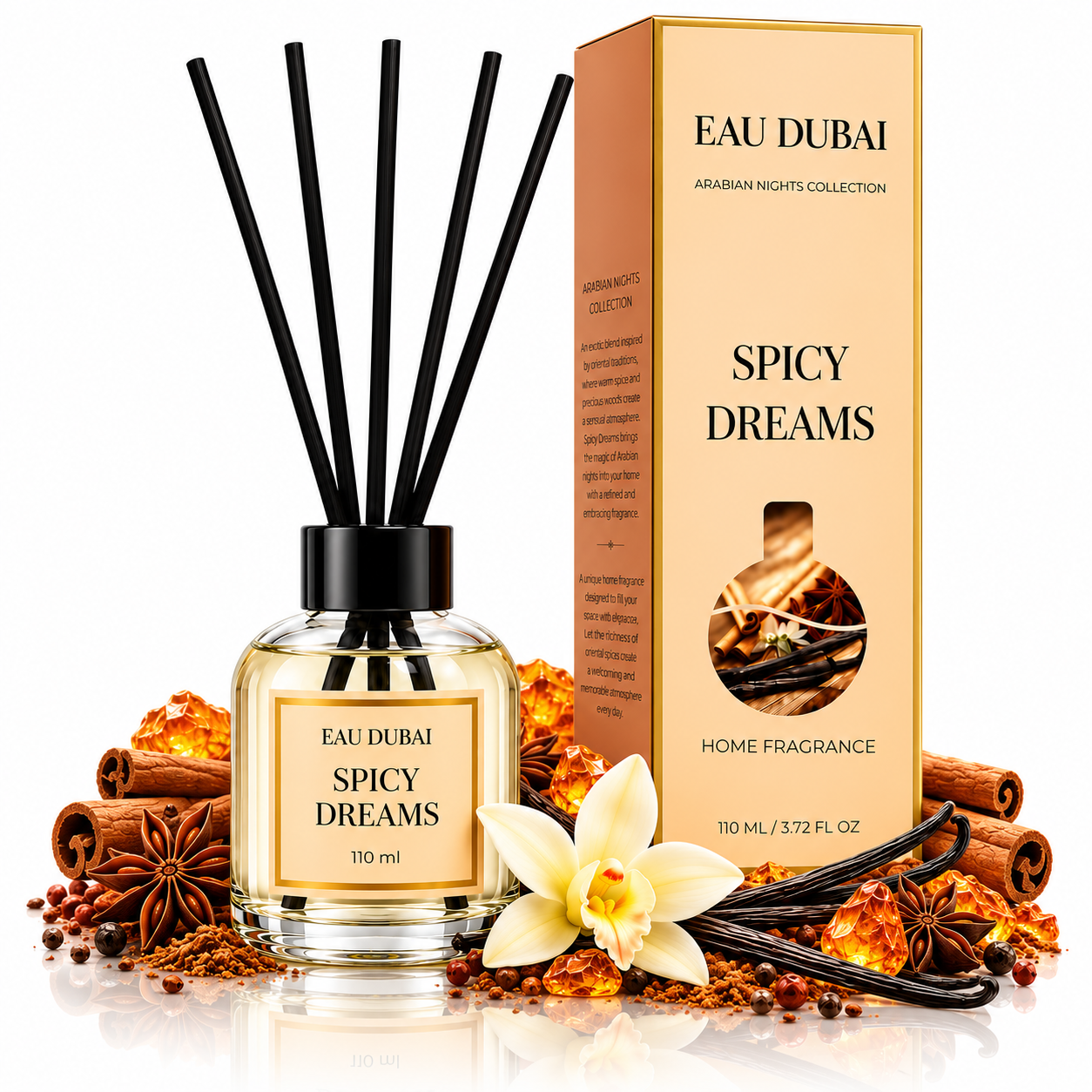 Odorizant de cameră cu bețișoare, Spicy Dreams, aromă de vanilie și scorțișoară, 110 ml, EAU DUBAI®