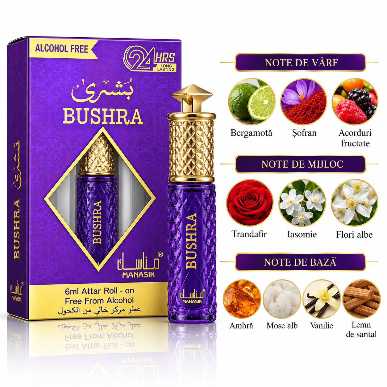 Parfum concentrat unisex, Bushra Attar Roll-On fără alcool, 6 ml, MANASIK® - imagine 2