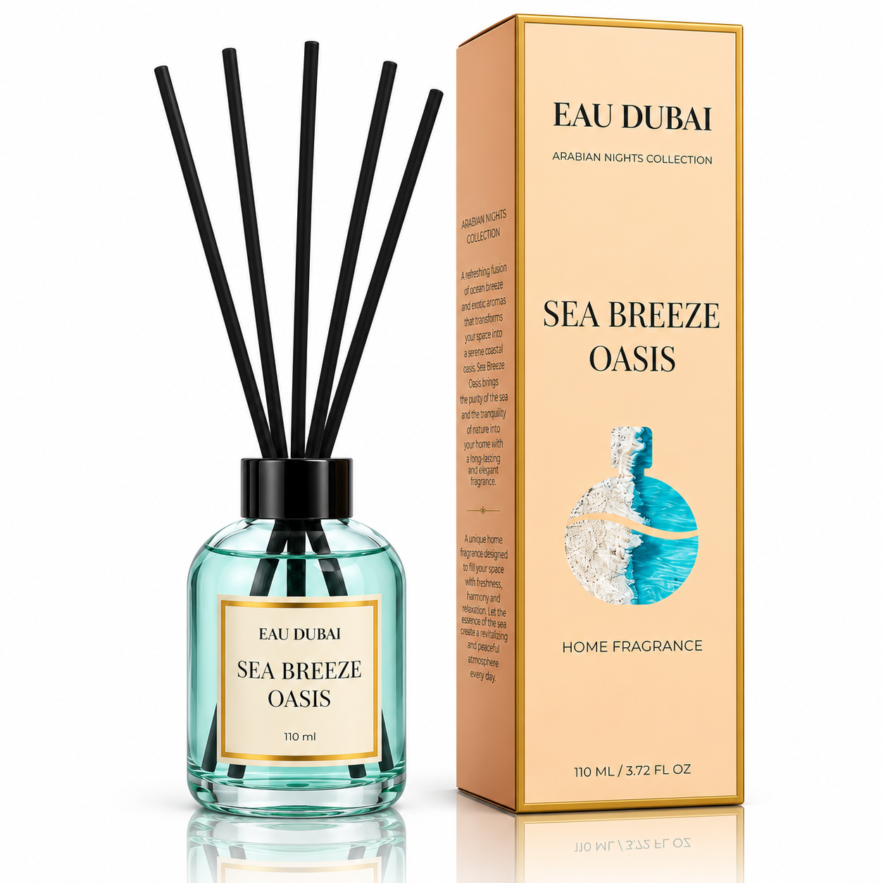 Odorizant de cameră cu bețișoare, Sea Breeze Oasis, aromă marină proaspătă, 110 ml, EAU DUBAI® - imagine 3