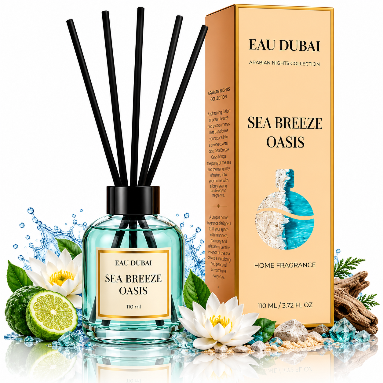 Odorizant de cameră cu bețișoare, Sea Breeze Oasis, aromă marină proaspătă, 110 ml, EAU DUBAI®