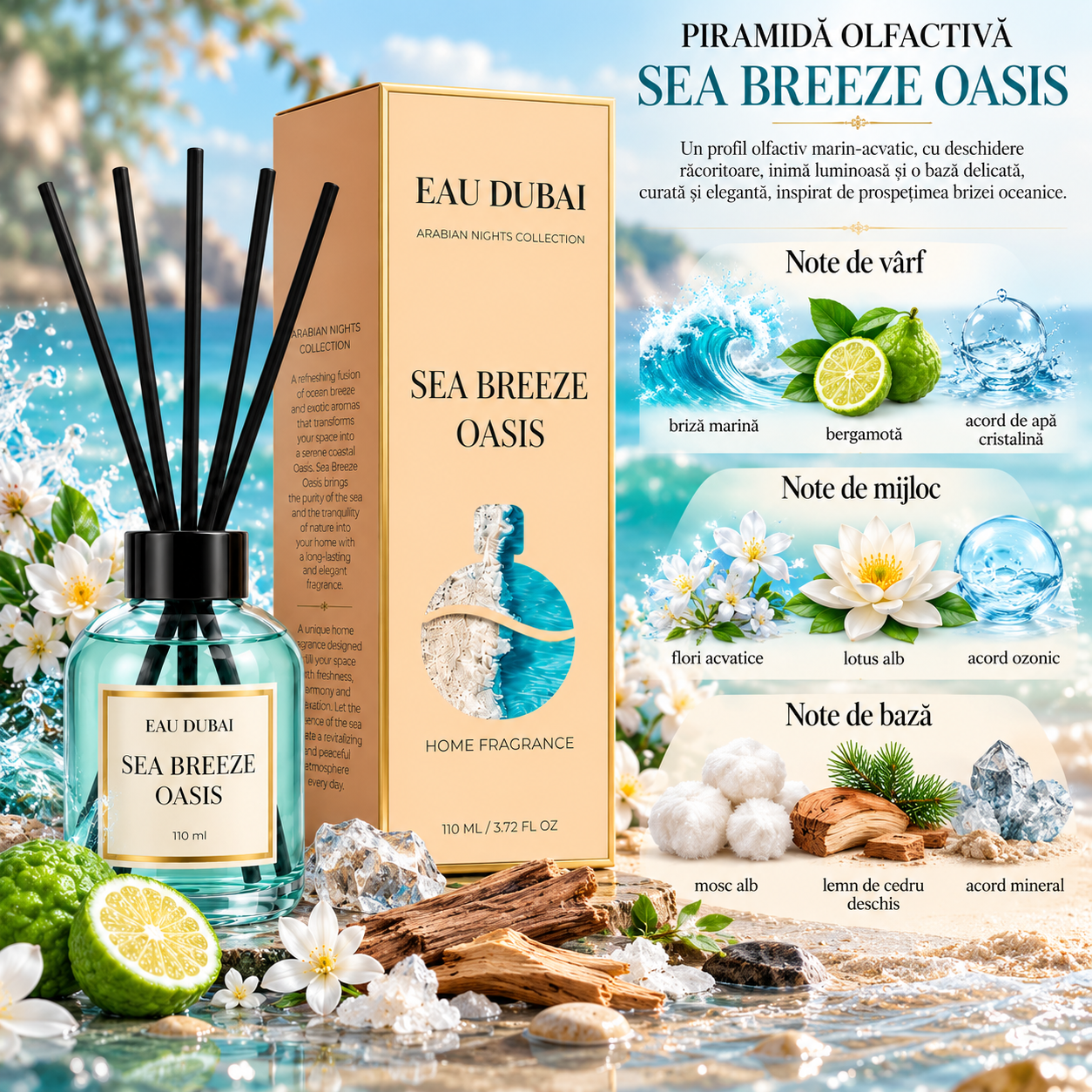 Odorizant de cameră cu bețișoare, Sea Breeze Oasis, aromă marină proaspătă, 110 ml, EAU DUBAI® - imagine 2