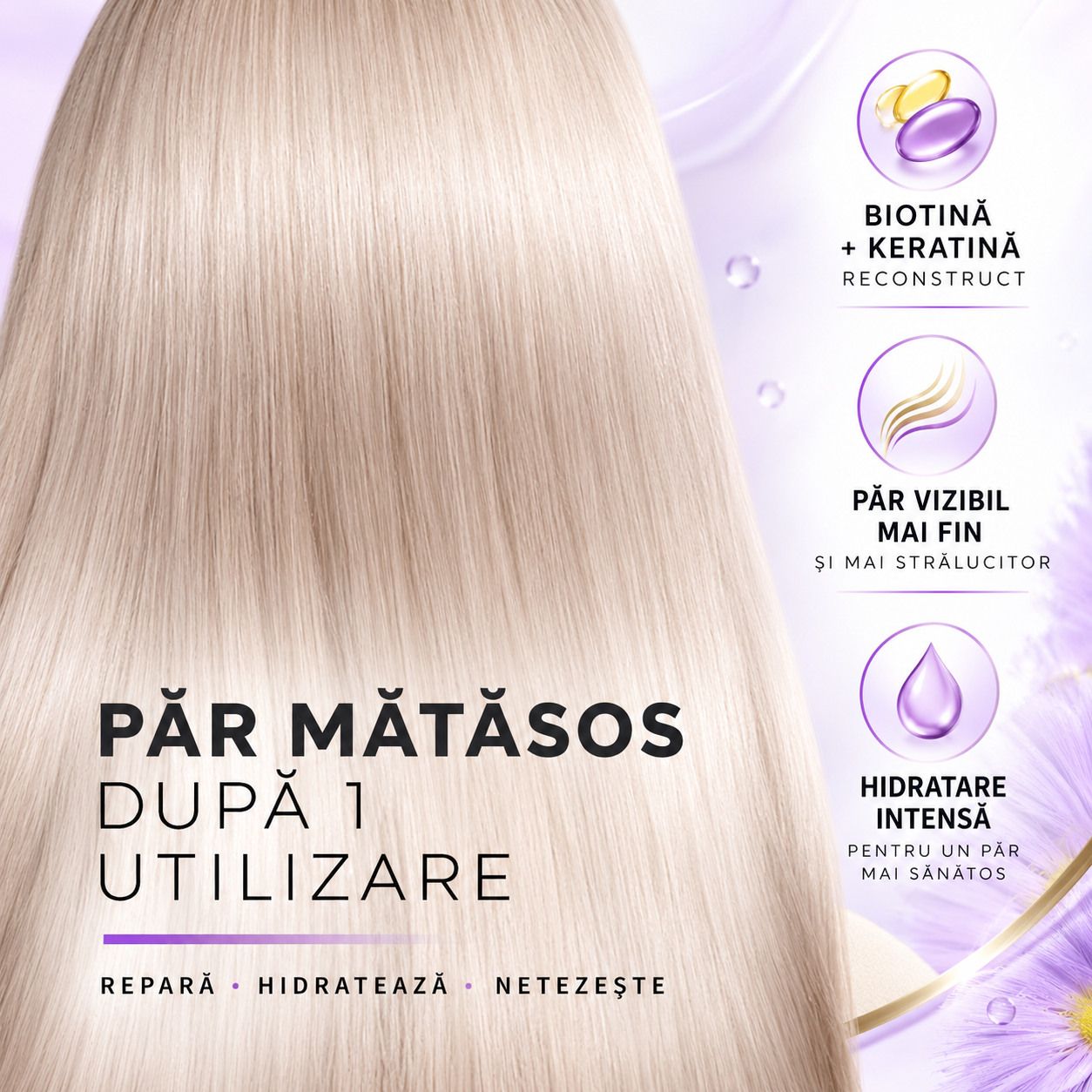 Șampon reparator pentru păr deteriorat, Silky & Glowing, Biotină + Keratin Reconstruct, Pro-V Miracles, 250 ml, PANTENE® - imagine 2