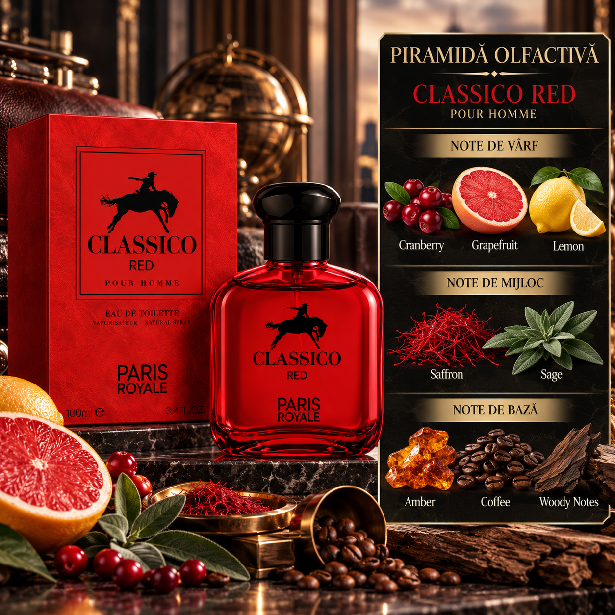 Apă de toaletă pentru bărbați, Parfum bărbătesc Classico Red Pour Homme, EDT, 100 ml, PARIS ROYALE® - imagine 2