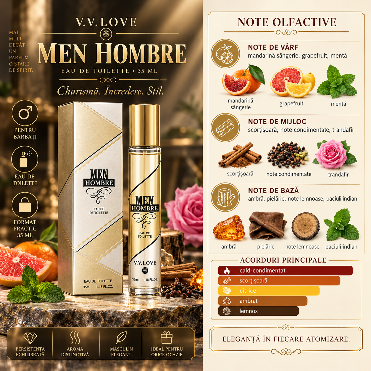 Apă de toaletă pentru bărbați, Parfum bărbătesc Men Hombre, EDT, 35 ml, V.V. LOVE® - imagine 2