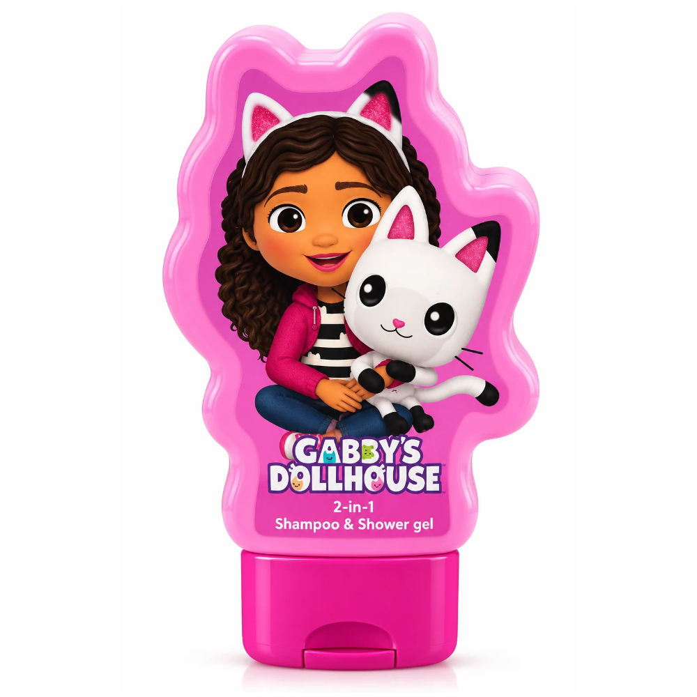 Șampon și gel de duș 2 în 1 pentru copii, Gabby's Dollhouse, flacon 3D roz, 300 ml