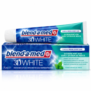 Pastă de dinți cu fluor, 3D White Extreme Mint Kiss – Sărut Extrem de Mentă, pentru albire și respirație proaspătă, 75 ml, Blend-a-med®