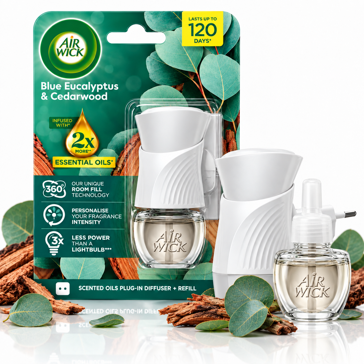 Odorizant electric de cameră, Difuzor de parfum cu rezervă cu uleiuri esențiale de Cedru si Eucalipt albastru, Air Wick®