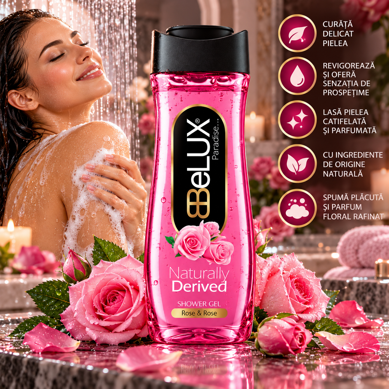 Gel de duș Rose & Rose, Paradise, aromă florală de trandafiri, 600 ml, BeLUX® - imagine 2