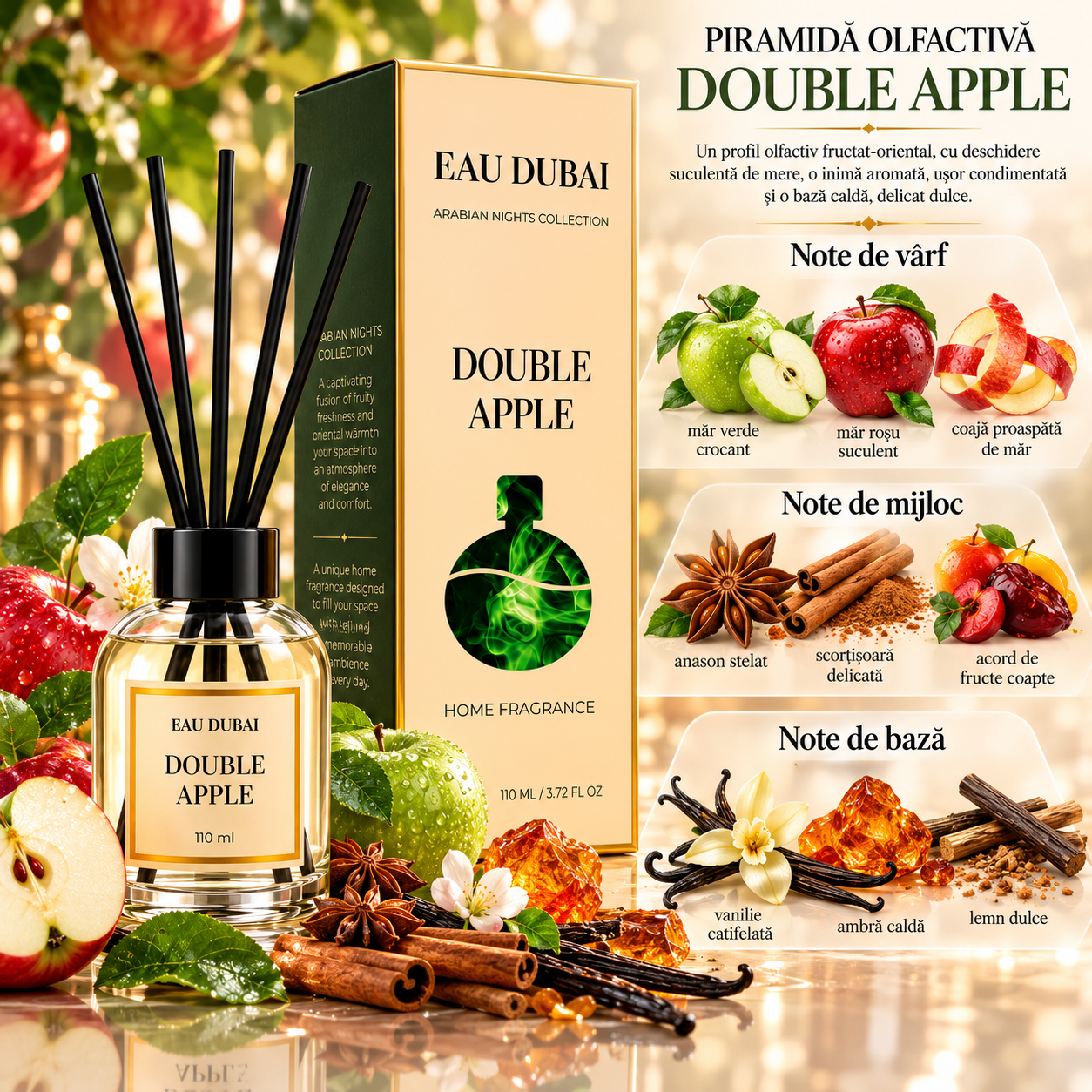 Odorizant de cameră cu bețișoare, Double Apple, aromă de mere dulci și proaspete, 110 ml, EAU DUBAI® - imagine 3