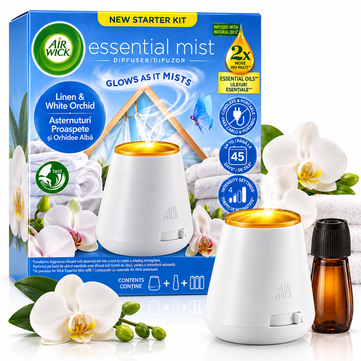 Difuzor de aromă, Aparat+ Rezervă, Aromă de Orhidee Albă + Așternuturi proaspete, Air Wick