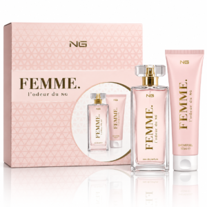 Set cadou pentru femei, FEMME L'odeur du NG, Apă de parfum EDP 100 ml + Gel de duș 100 ml, NG Perfumes®