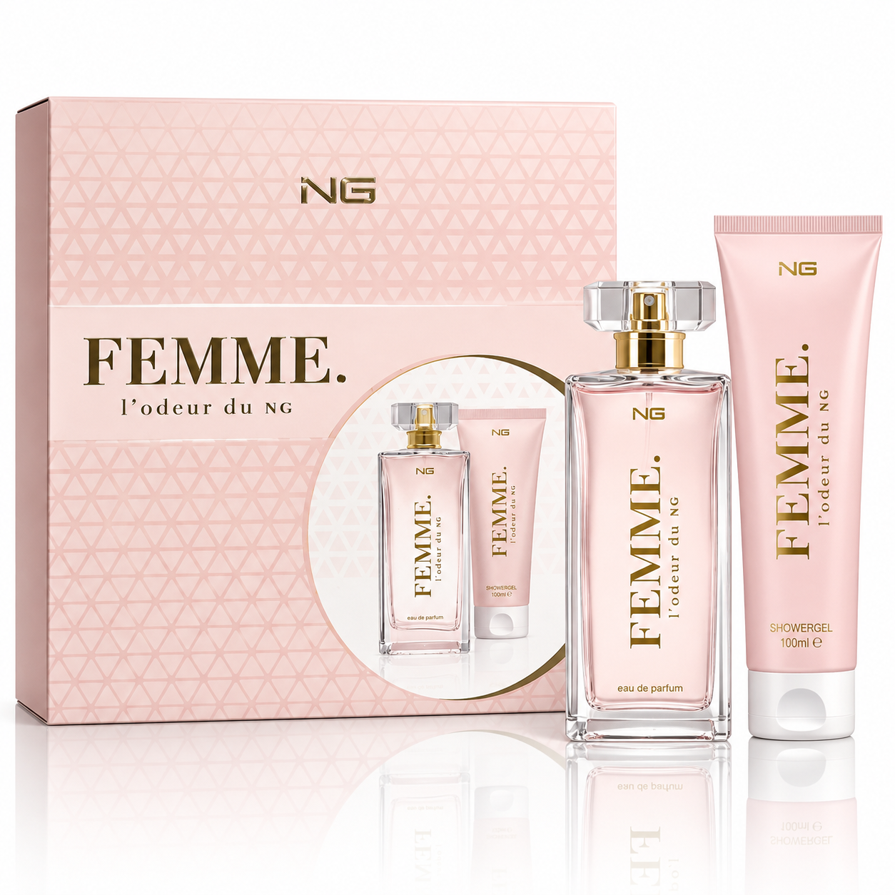 Set cadou pentru femei, FEMME L'odeur du NG, Apă de parfum EDP 100 ml + Gel de duș 100 ml, NG Perfumes®