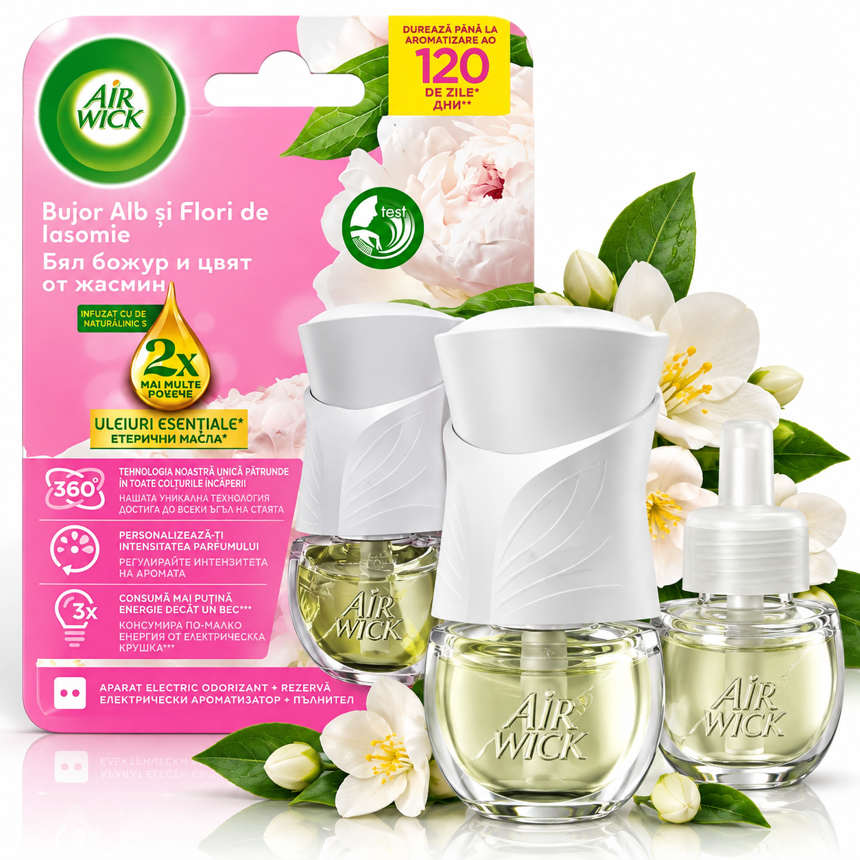 Odorizant de cameră electric, Difuzor de parfum cu rezervă, aromă de Bujor alb și Iasomie, Air Wick®