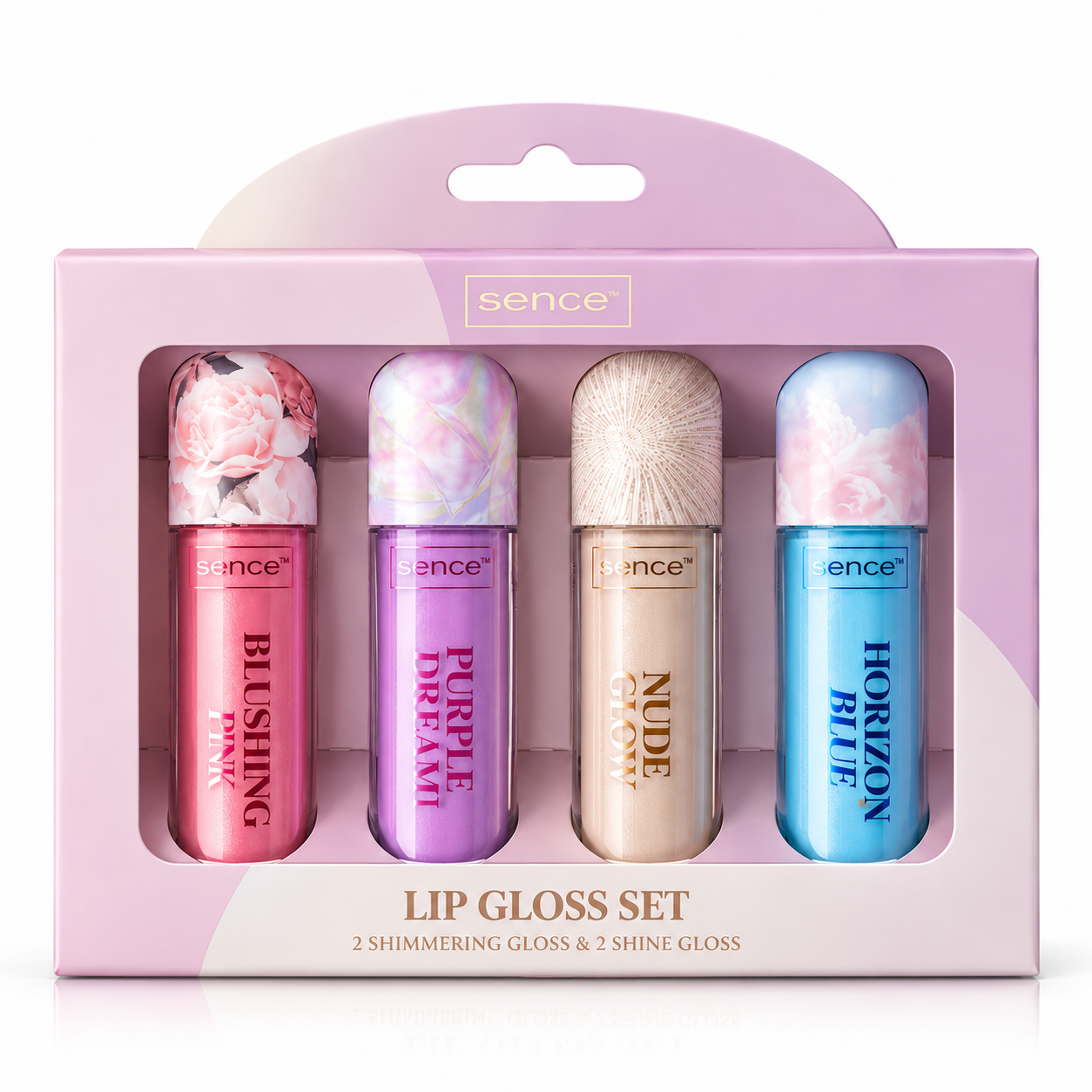 Set cadou cu 4 luciuri de buze, Lip Gloss Set, Blushing Pink, Purple Dream, Nude Glow și Horizon Blue, SENCE®
