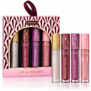 Set cadou cu 4 luciuri de buze, Lip Gloss Set, Radiant Nud, Burgundy Touch, Mauve Whisper și Bare Blush, SENCE®