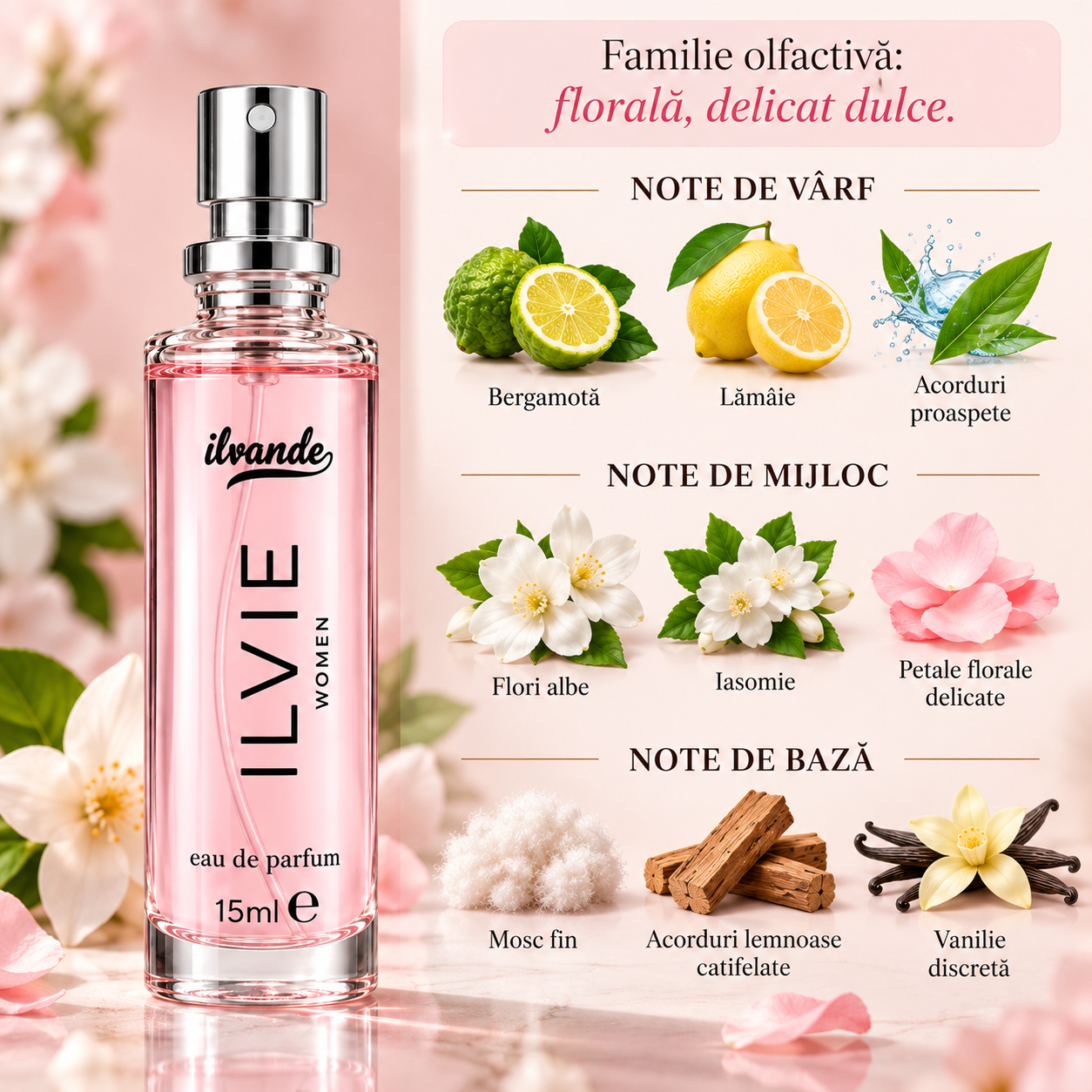 Apă de parfum pentru femei, Parfum de damă Ilvie Women, EDP, 15 ml, ILVANDE® - imagine 2