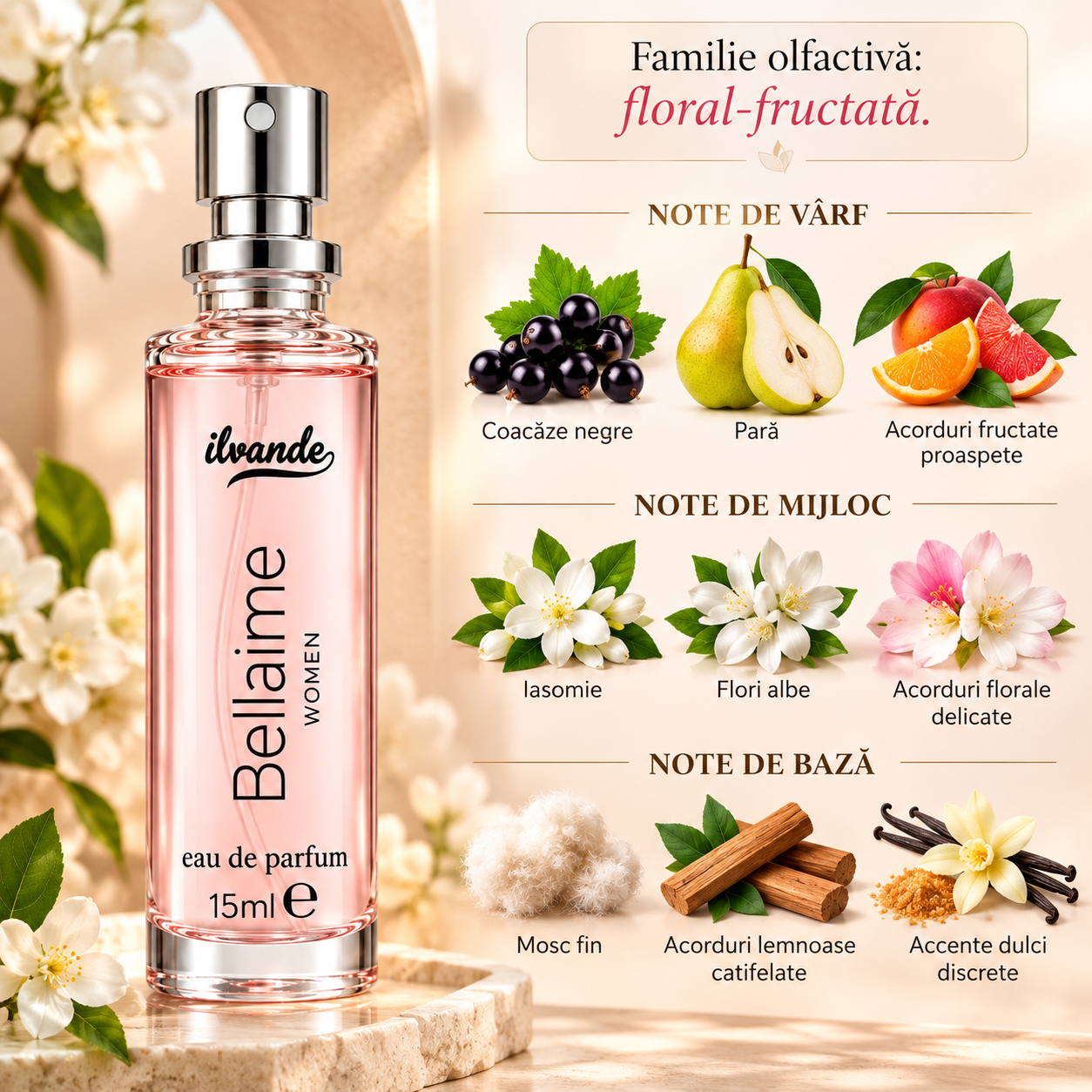 Apă de parfum pentru femei, Parfum de damă Bellaime Women, EDP, 15 ml, ILVANDE® - imagine 2