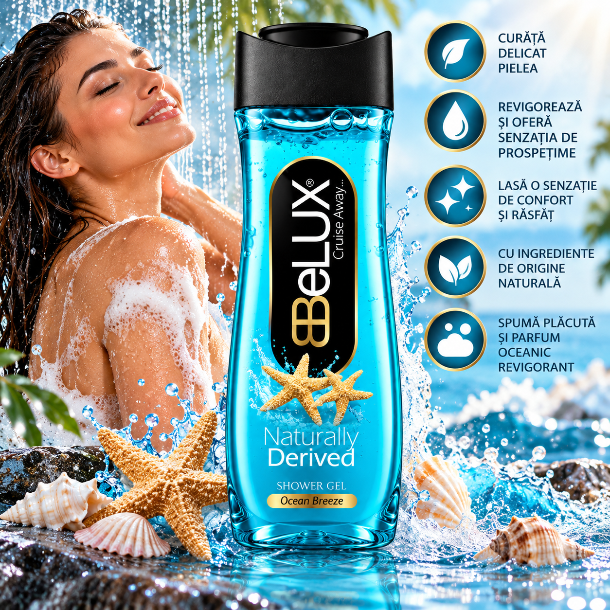 Gel de duș Ocean Breeze, Cruise Away, aromă marină revigorantă, 600 ml, BeLUX® - imagine 2