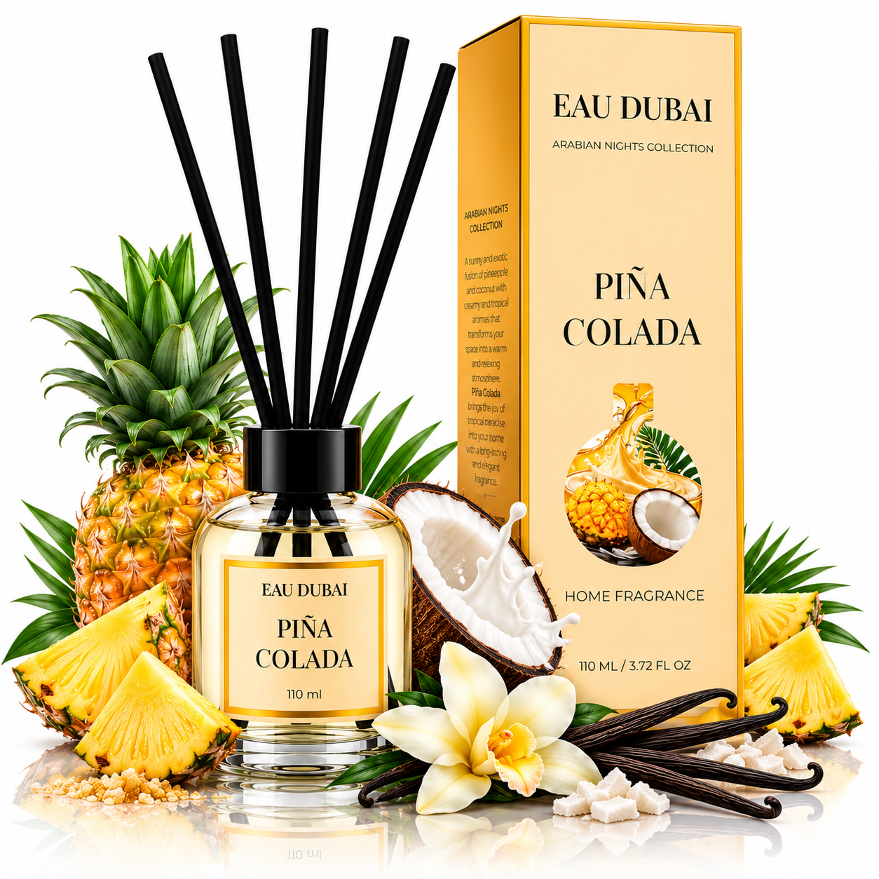Odorizant de cameră cu bețișoare, Piña Colada, aromă tropicală de ananas și cocos, 110 ml, EAU DUBAI®