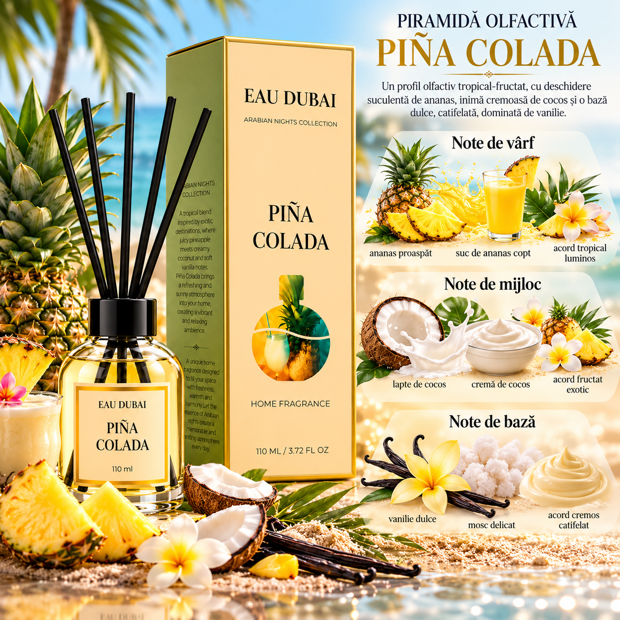 Odorizant de cameră cu bețișoare, Piña Colada, aromă tropicală de ananas și cocos, 110 ml, EAU DUBAI® - imagine 2