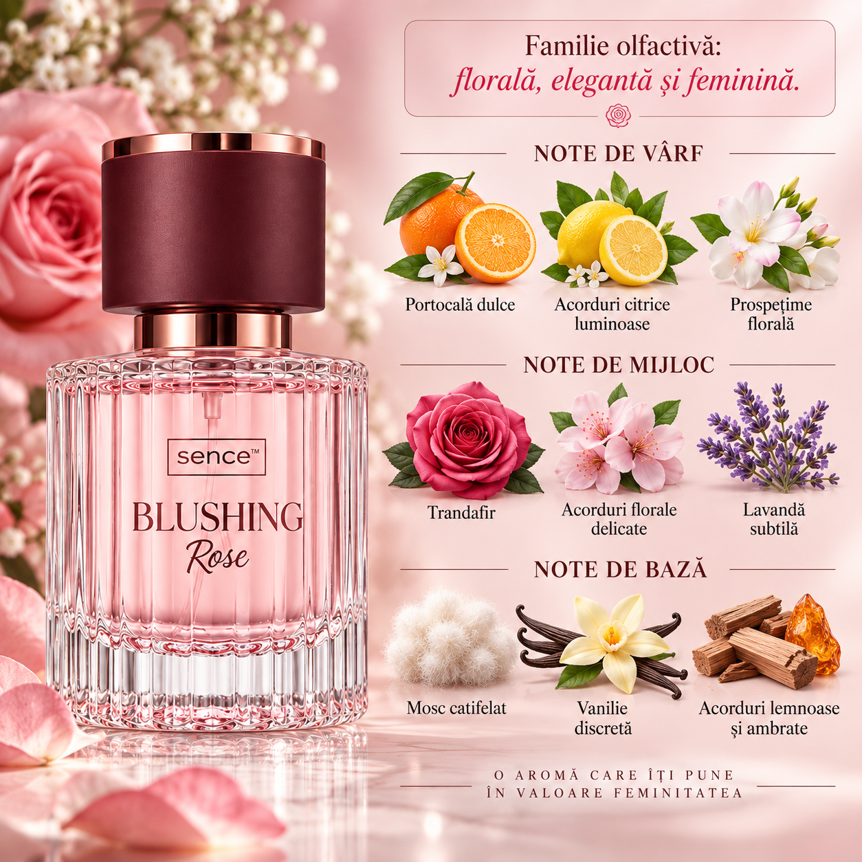 Apă de parfum pentru femei, Parfum de damă Blushing Rose, EDP, 30 ml, SENCE® - imagine 2