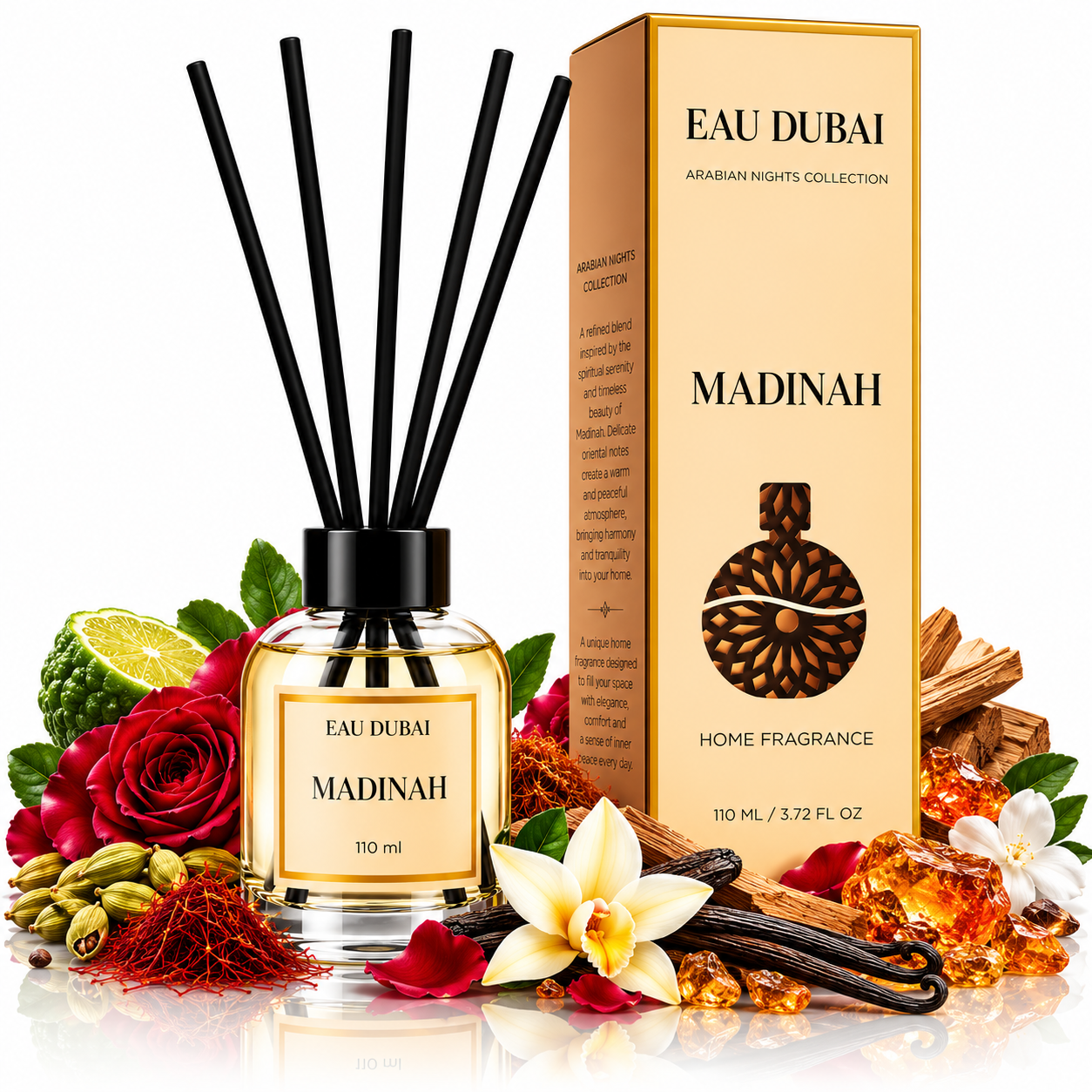 Odorizant de cameră cu bețișoare, Madinah, aromă orientală caldă, 110 ml, EAU DUBAI®