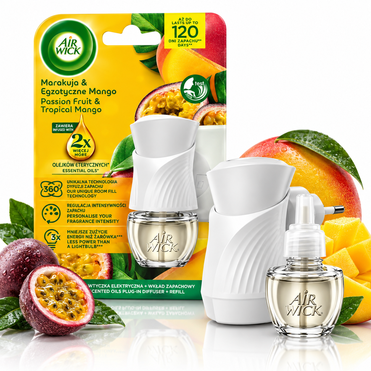 Odorizant de cameră electric, Difuzor de parfum cu rezervă, aromă de Fructul Pasiunii și Mango Tropical, Air Wick®