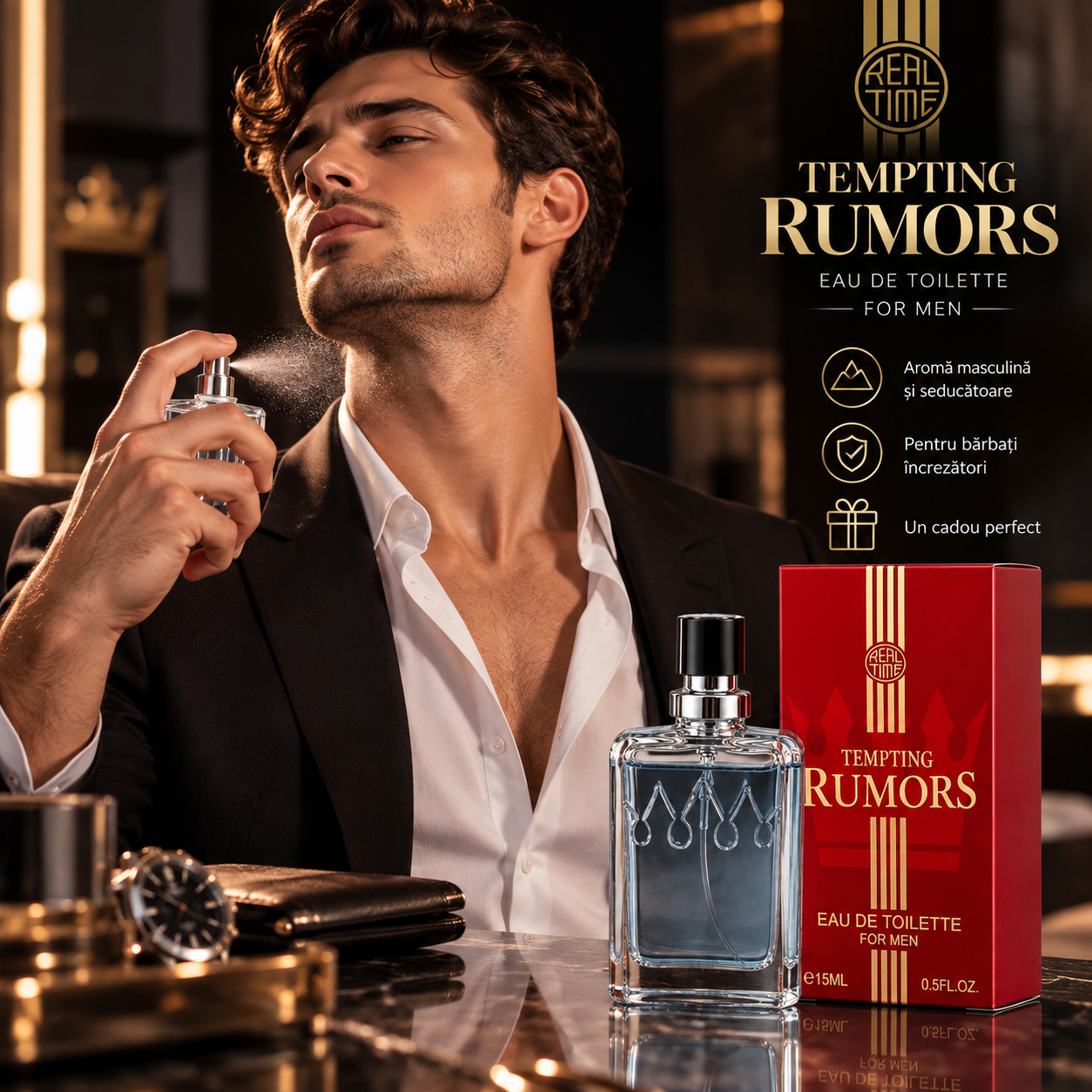 Apă de toaletă pentru bărbați, Pocket Perfume, parfum de buzunar Tempting Rumors, EDT, 15 ml, Real Time® - imagine 3