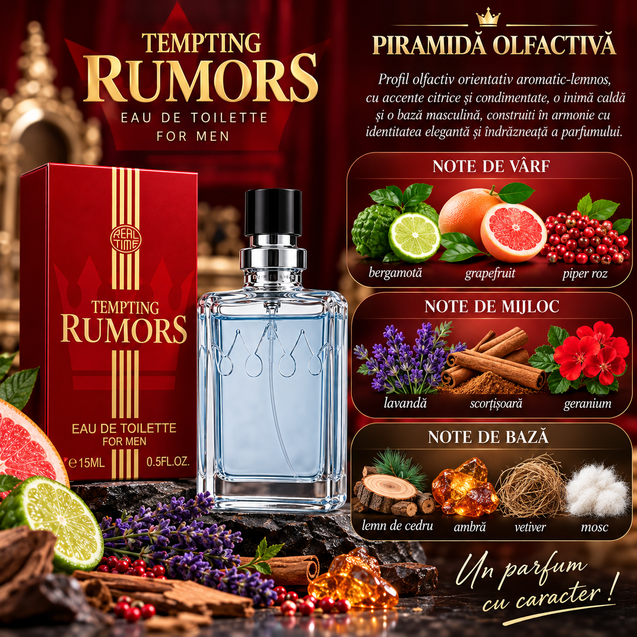 Apă de toaletă pentru bărbați, Pocket Perfume, parfum de buzunar Tempting Rumors, EDT, 15 ml, Real Time® - imagine 2