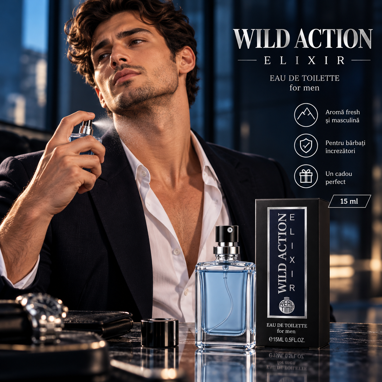 Apă de toaletă pentru bărbați, Pocket Perfume, parfum de buzunar Wild Action Elixir, EDT, 15 ml, Real Time® - imagine 3