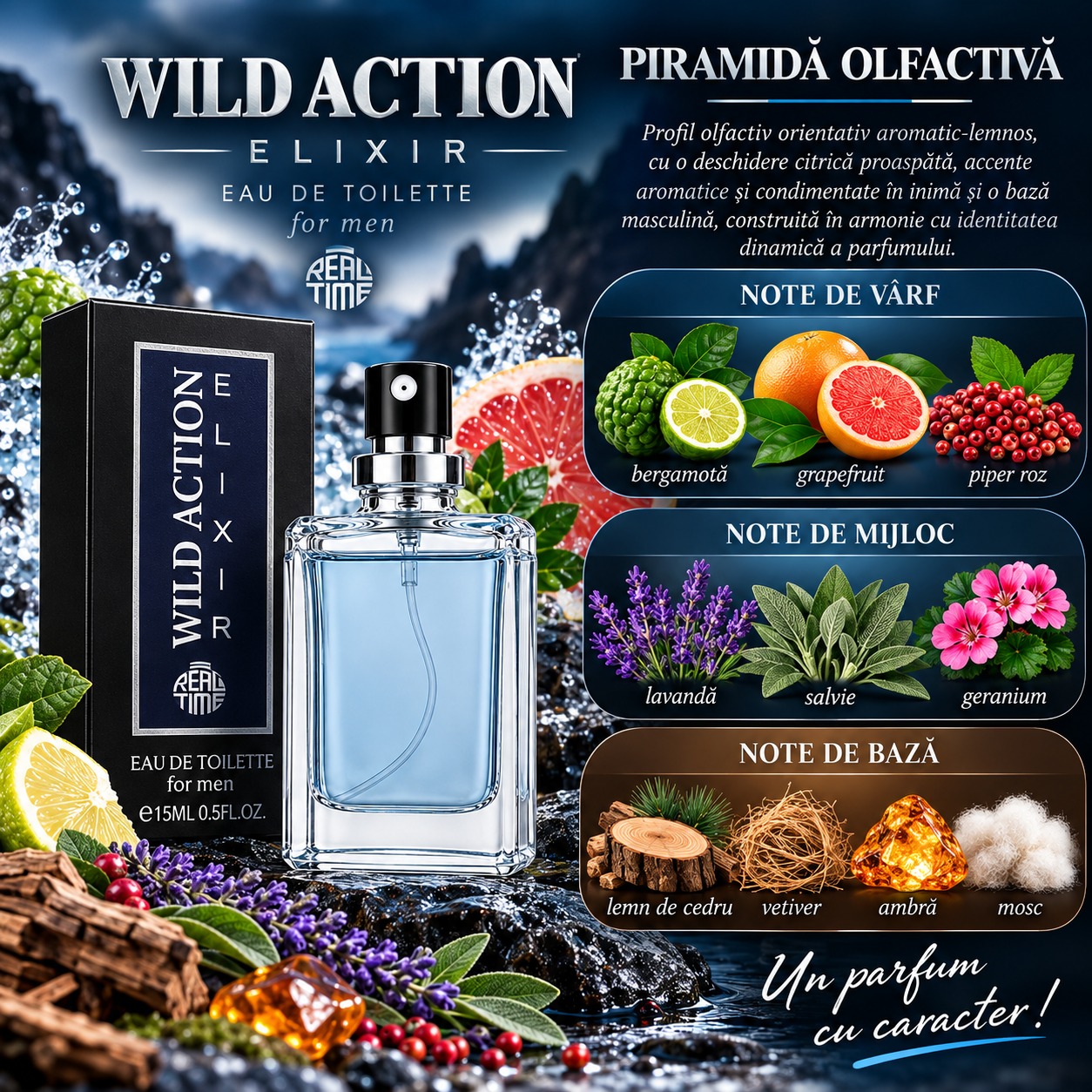 Apă de toaletă pentru bărbați, Pocket Perfume, parfum de buzunar Wild Action Elixir, EDT, 15 ml, Real Time® - imagine 2
