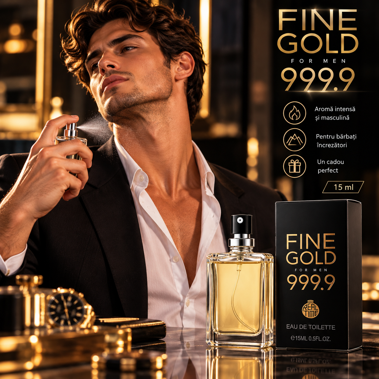 Apă de toaletă pentru bărbați, Pocket Perfume, parfum de buzunar Fine Gold 999.9, EDT, 15 ml, Real Time® - imagine 3