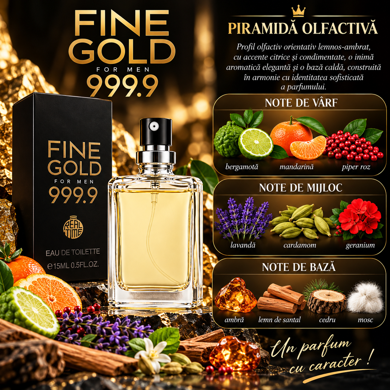 Apă de toaletă pentru bărbați, Pocket Perfume, parfum de buzunar Fine Gold 999.9, EDT, 15 ml, Real Time® - imagine 2
