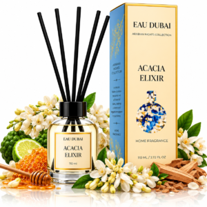 Odorizant de cameră cu bețișoare, Acacia Elixir, aromă florală de salcâm, 110 ml, EAU DUBAI®