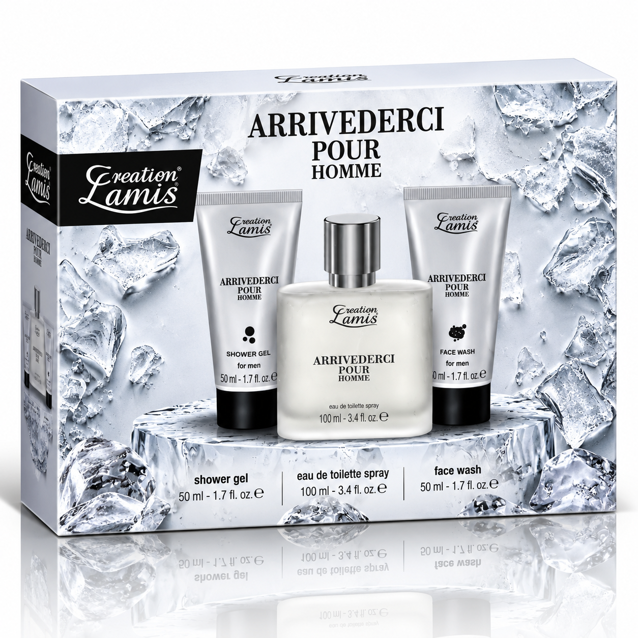 Set cadou pentru bărbați, Arrivederci Pour Homme, Apă de toaletă 100 ml + Gel de duș 50 ml + Gel de curățare pentru față 50 ml, Creation Lamis® - imagine 4