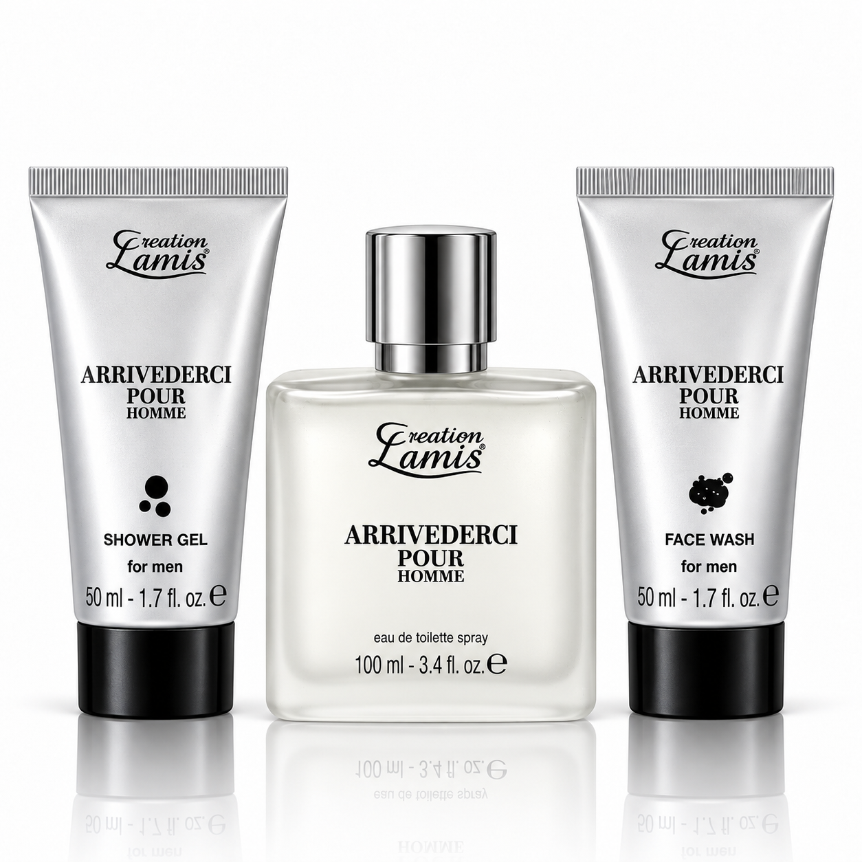 Set cadou pentru bărbați, Arrivederci Pour Homme, Apă de toaletă 100 ml + Gel de duș 50 ml + Gel de curățare pentru față 50 ml, Creation Lamis® - imagine 2