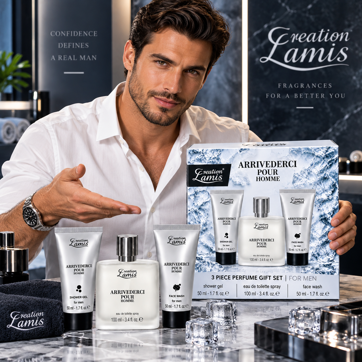 Set cadou pentru bărbați, Arrivederci Pour Homme, Apă de toaletă 100 ml + Gel de duș 50 ml + Gel de curățare pentru față 50 ml, Creation Lamis® - imagine 3