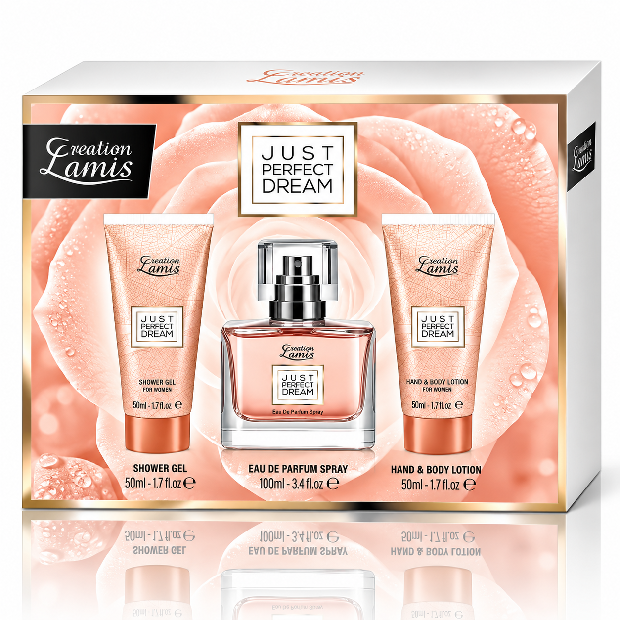 Set cadou pentru femei, Just Perfect Dream, Apă de parfum 100 ml + Gel de duș 50 ml + Loțiune pentru mâini și corp 50 ml, Creation Lamis® - imagine 4