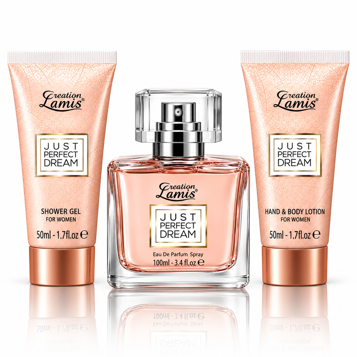 Set cadou pentru femei, Just Perfect Dream, Apă de parfum 100 ml + Gel de duș 50 ml + Loțiune pentru mâini și corp 50 ml, Creation Lamis® - imagine 2