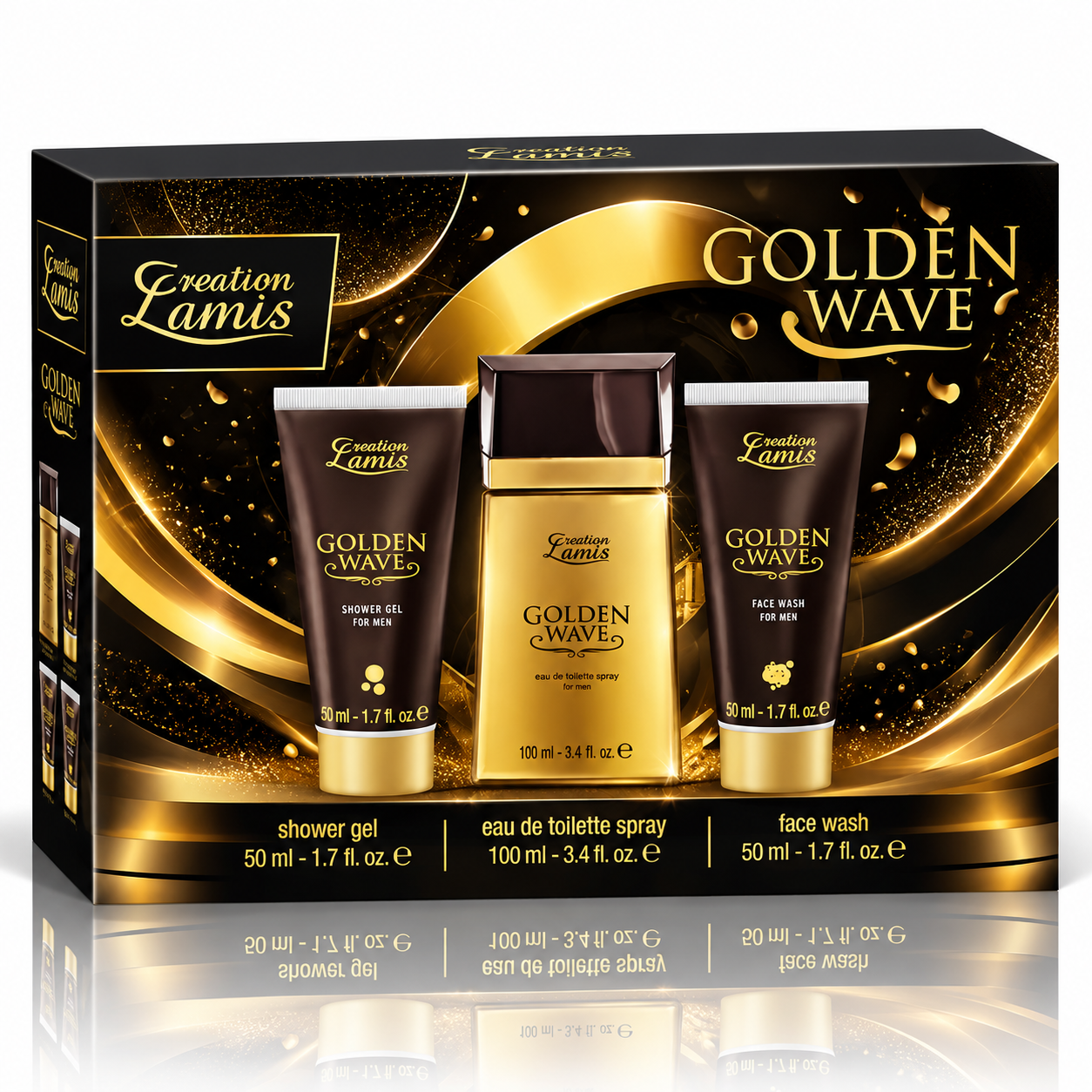 Set cadou pentru bărbați, Golden Wave, Apă de toaletă 100 ml + Gel de duș 50 ml + Gel de curățare pentru față 50 ml, Creation Lamis® - imagine 5