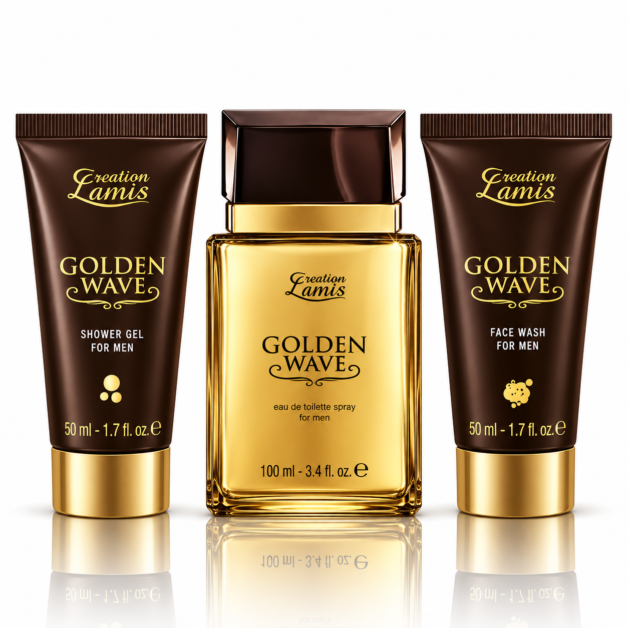 Set cadou pentru bărbați, Golden Wave, Apă de toaletă 100 ml + Gel de duș 50 ml + Gel de curățare pentru față 50 ml, Creation Lamis® - imagine 2