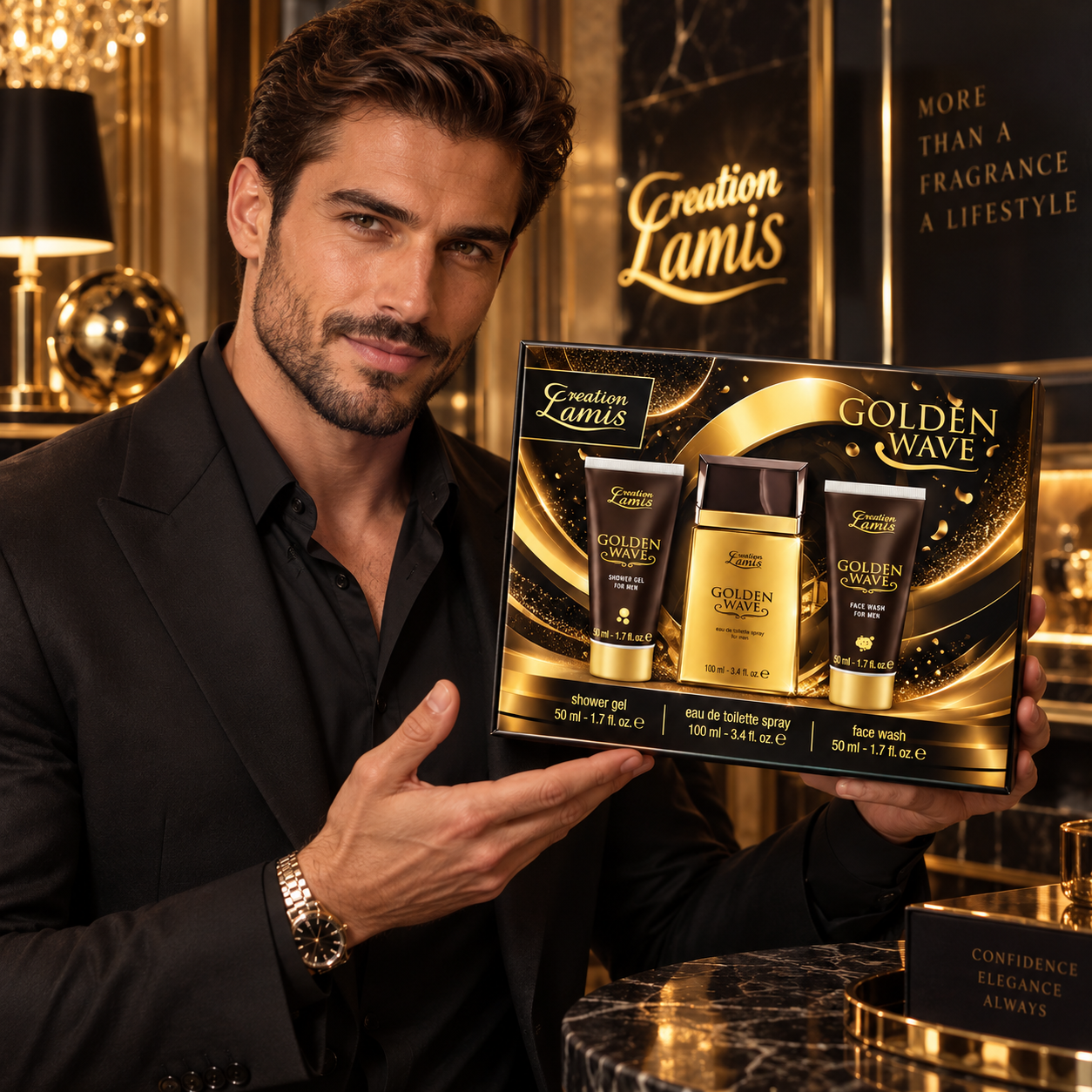 Set cadou pentru bărbați, Golden Wave, Apă de toaletă 100 ml + Gel de duș 50 ml + Gel de curățare pentru față 50 ml, Creation Lamis® - imagine 3