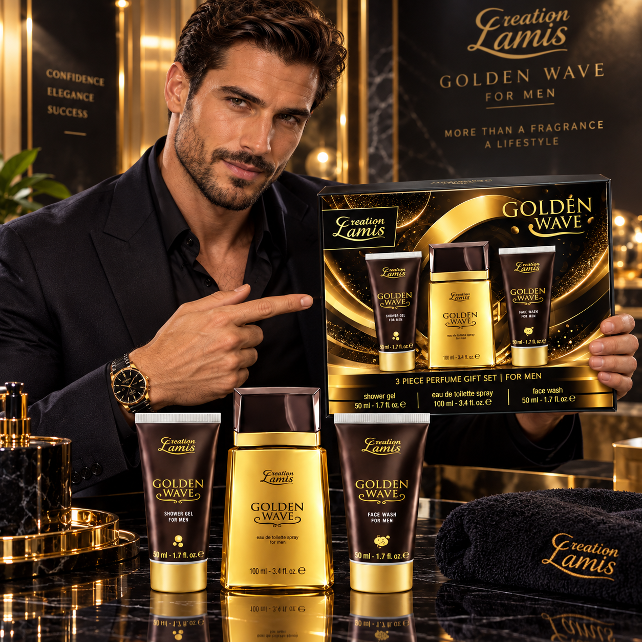 Set cadou pentru bărbați, Golden Wave, Apă de toaletă 100 ml + Gel de duș 50 ml + Gel de curățare pentru față 50 ml, Creation Lamis® - imagine 4